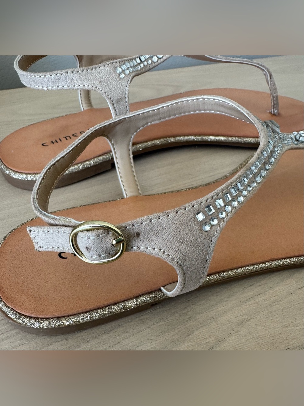 Embellished Nude T-Strap Sandals - Picture 3 of 9